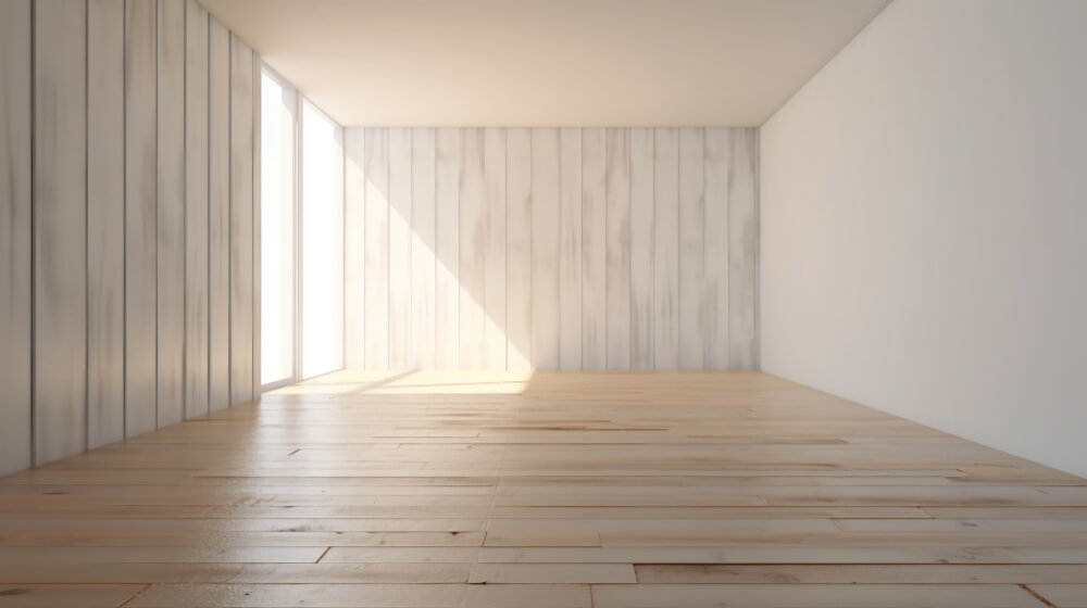 Pose d'un parquet sans plinthe : comment obtenir une finition parfaite ? 4 Angle d'une pièce avec un parquet arrivant au ras d'un mur blanc, montrant une finition sans plinthe avec un joint acrylique.