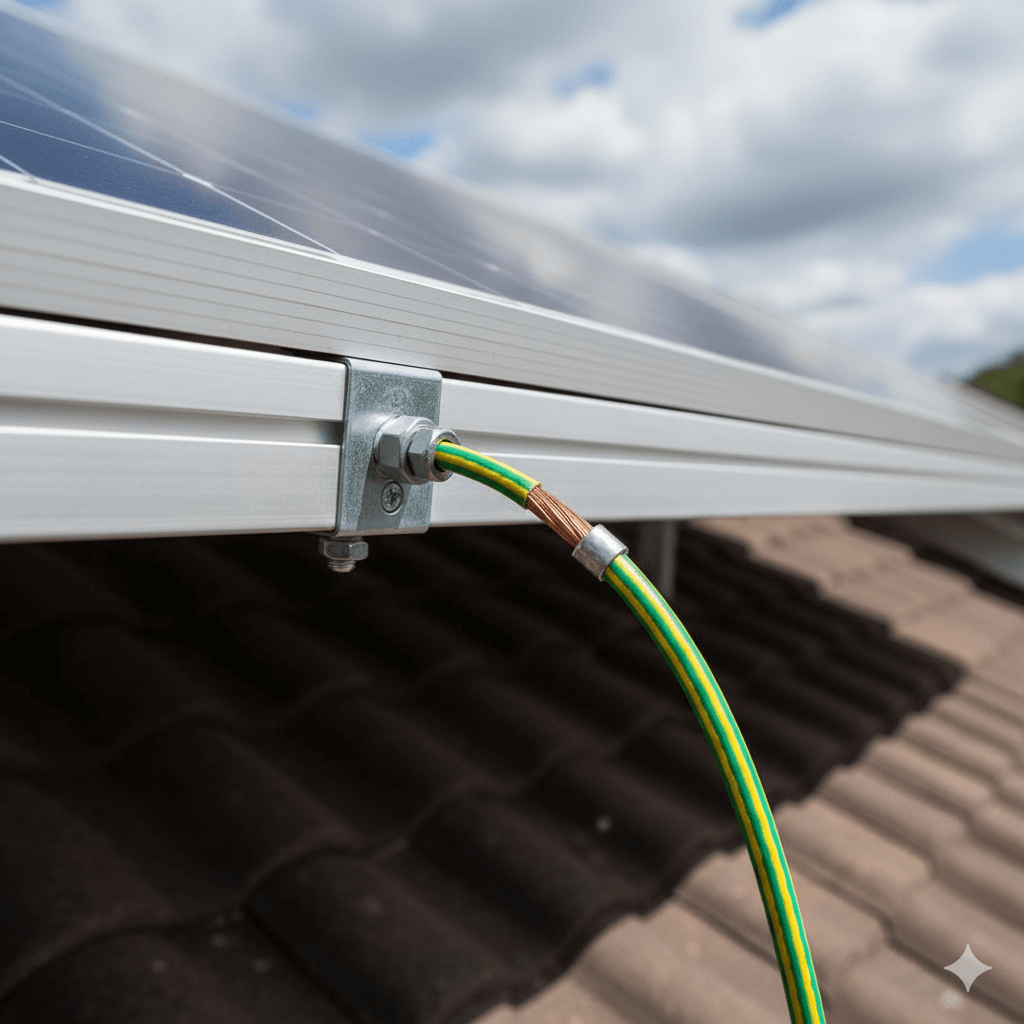 Câble de mise à la terre vert et jaune connecté à la structure métallique d'un panneau solaire.