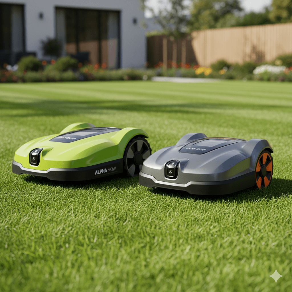 Robot tondeuse Cramer et robot tondeuse Husqvarna côte à côte sur une pelouse parfaitement tondue.