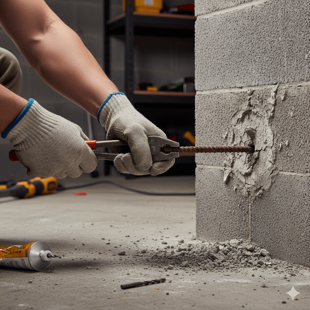 Scellement chimique raté : pourquoi et comment le retirer ? 5 Main essayant de retirer une tige filetée mal scellée d'un mur en parpaing creux.