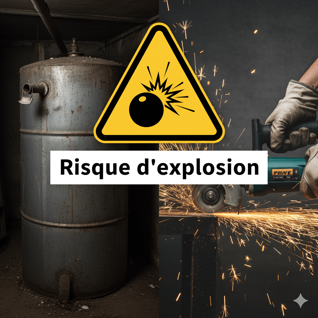 Découper une cuve à fioul à la disqueuse : pourquoi c'est un risque mortel ? 2 Symbole de danger "Risque d'explosion" superposé sur une image de cuve à fioul et d'une disqueuse.