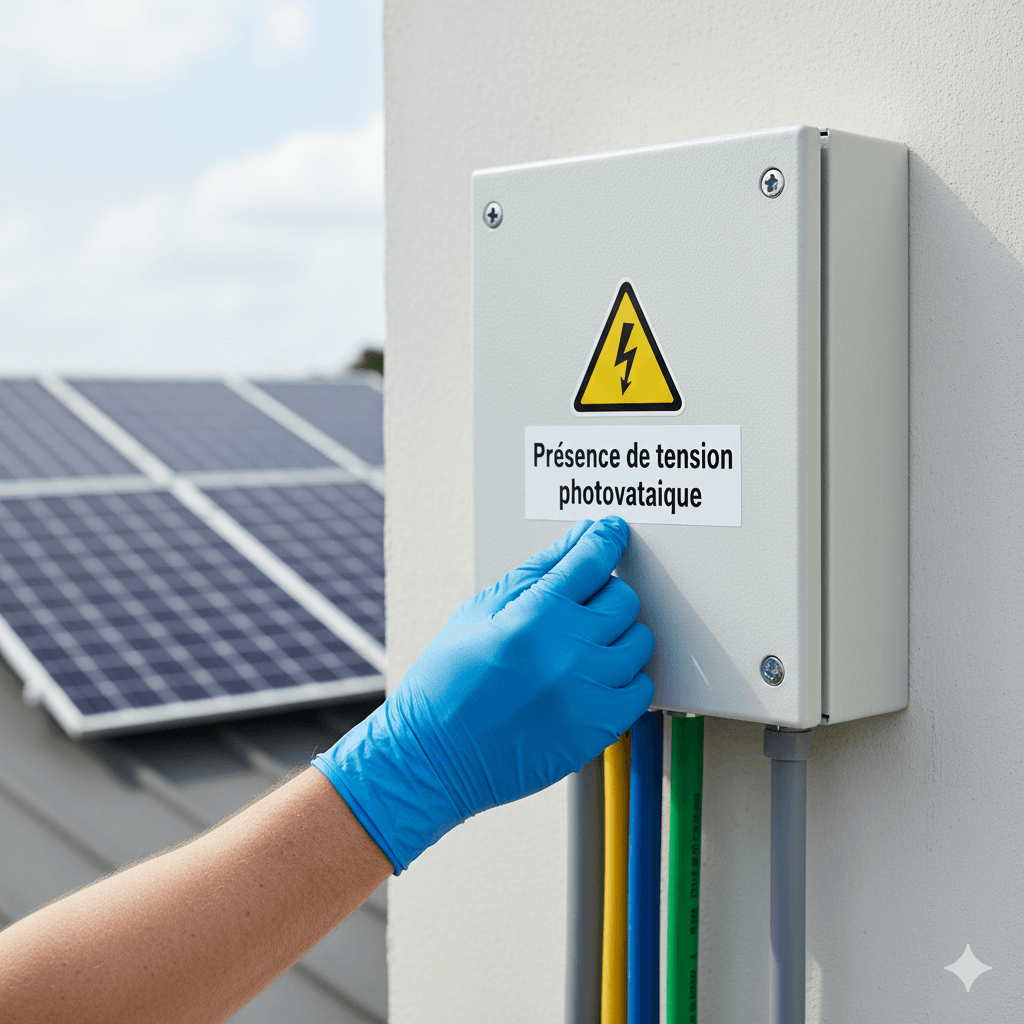 Main d'un installateur collant une étiquette de sécurité "Présence de tension photovoltaïque" sur un coffret électrique.