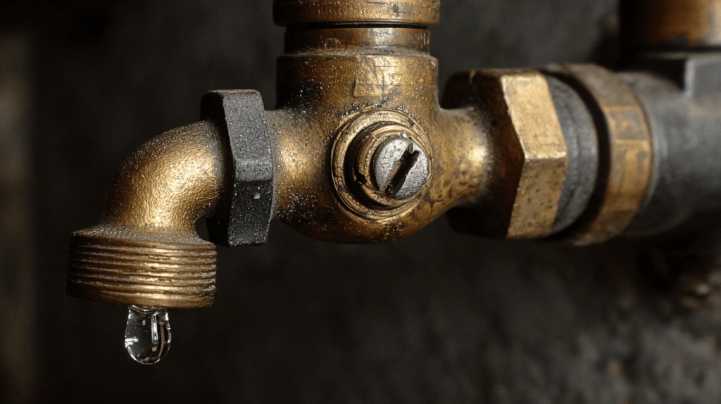 Disconnecteur de chaudière bloqué ou qui fuit : que faire ? 1 Gros plan sur un disconnecteur de chaudière en laiton, avec une goutte d'eau perlant de sa soupape.