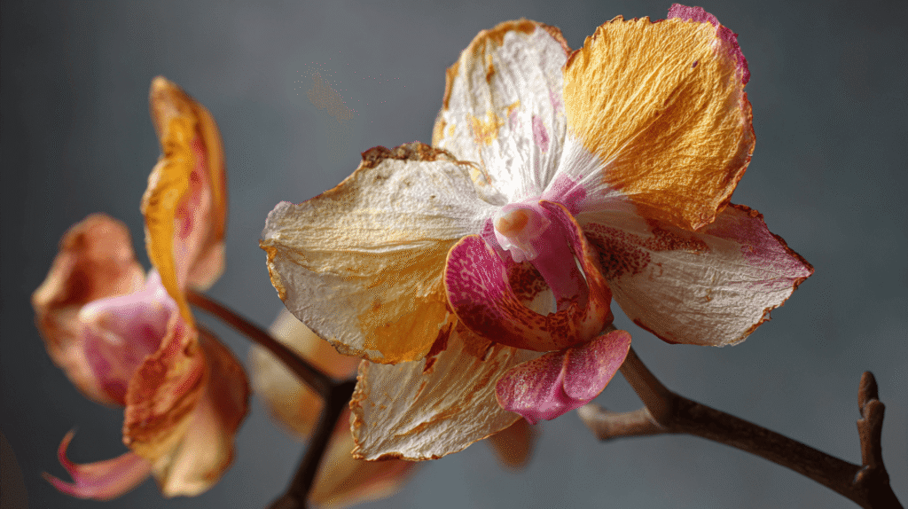 Gros plan sur une feuille d'orchidée (Phalaenopsis) avec une large tache de brûlure jaune et sèche.