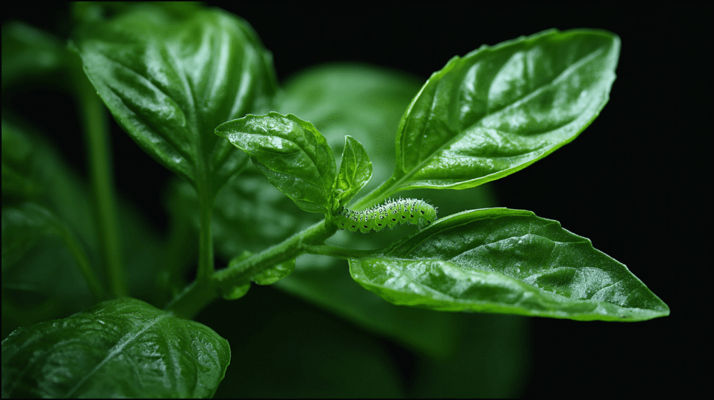Plant de basilic avec des feuilles dévorées par une petite chenille verte (noctuelle).