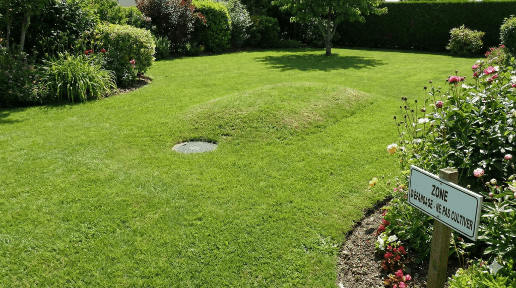 Jardin gazonné recouvrant une zone d'épandage (assainissement non collectif).