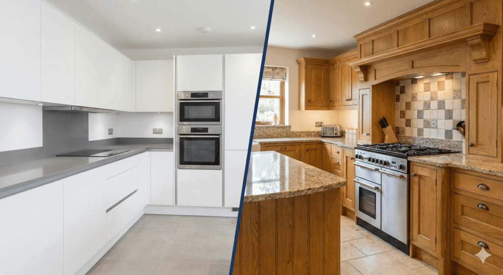 Comparaison entre une cuisine équipée Ixina et une cuisine Mobalpa, illustrant les différences de finition.