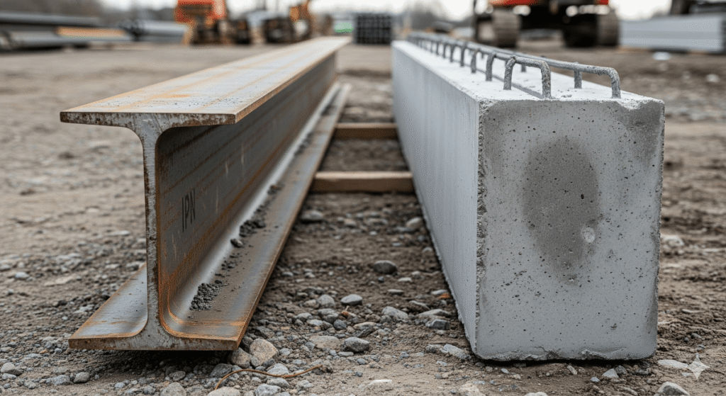 Comparaison visuelle : une poutre IPN en acier posée à côté d'un linteau en béton armé coulé.