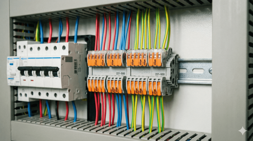 Bornes Wago installées proprement sur un support clipsable pour rail DIN dans un tableau électrique.