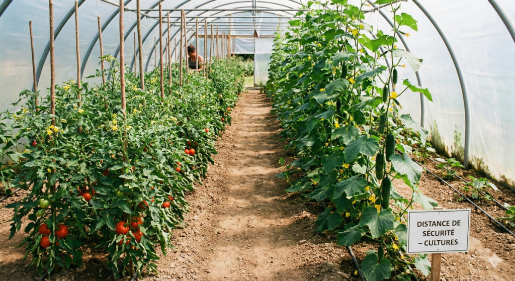 Plans de tomates et de concombres cultivés dans la même serre avec une distance de sécurité.