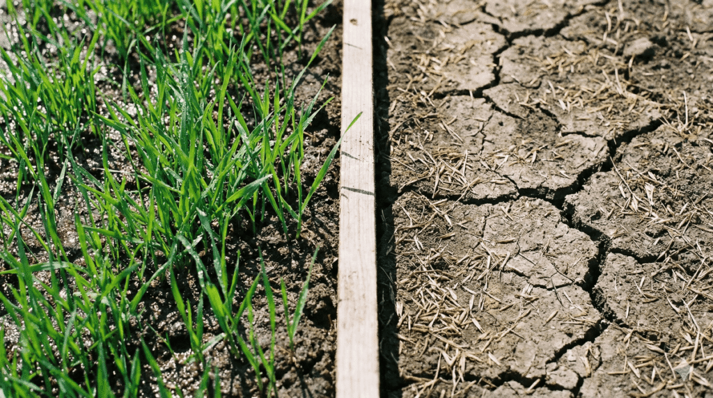Comparaison entre un semis de gazon bien arrosé qui germe et une terre craquelée où les graines sont mortes.