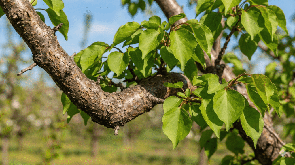 Branche d'abricotier au printemps avec des feuilles bien développées mais aucune fleur visible.