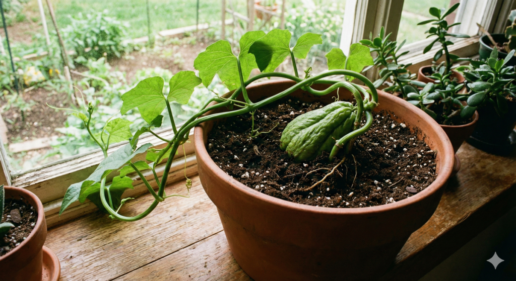 Christophine avec une longue tige germée plantée à moitié dans un pot de terreau.