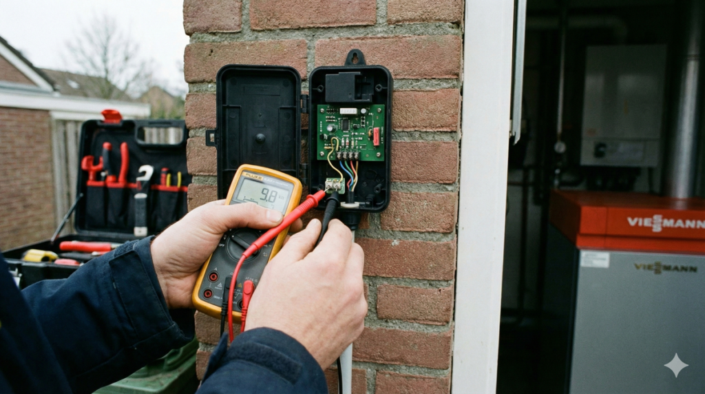 Contrôle d'une sonde extérieure Viessmann ouverte avec un multimètre pour mesurer la résistance électrique.