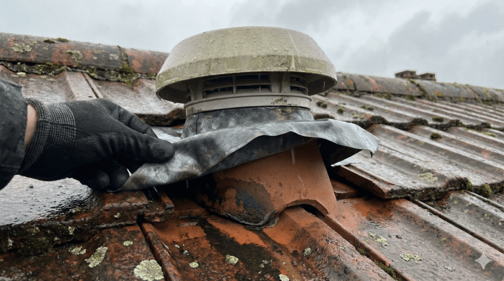 Chapeau de toiture de VMC installé sur une tuile à douille, inspecté pour une infiltration d'eau.
