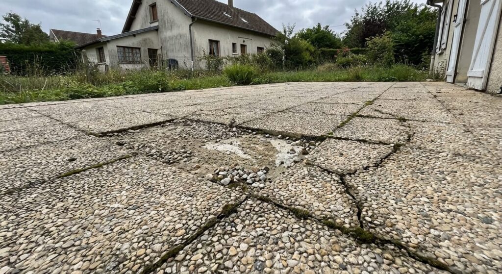 Terrasse en résine de marbre présentant une zone de dégravillonnage et des fissures.