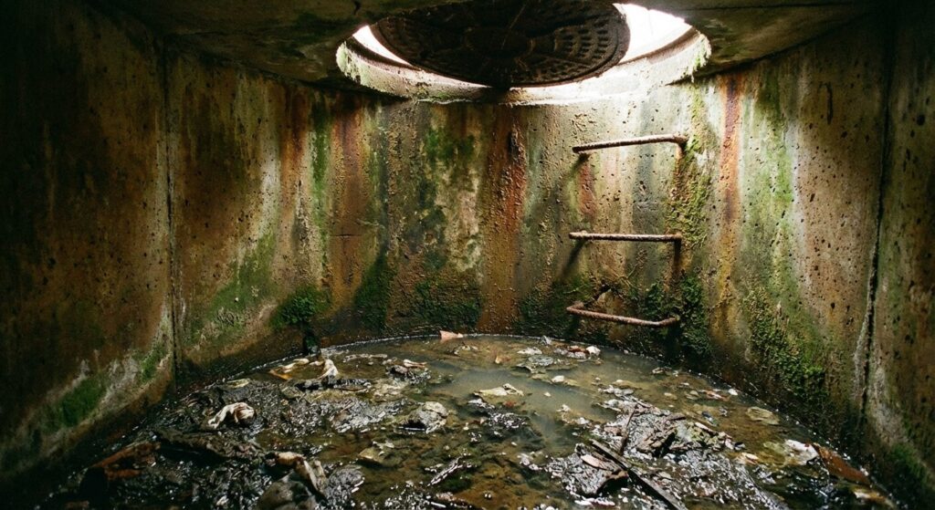 Intérieur d'un regard d'eaux usées en béton avec de l'eau trouble stagnante.