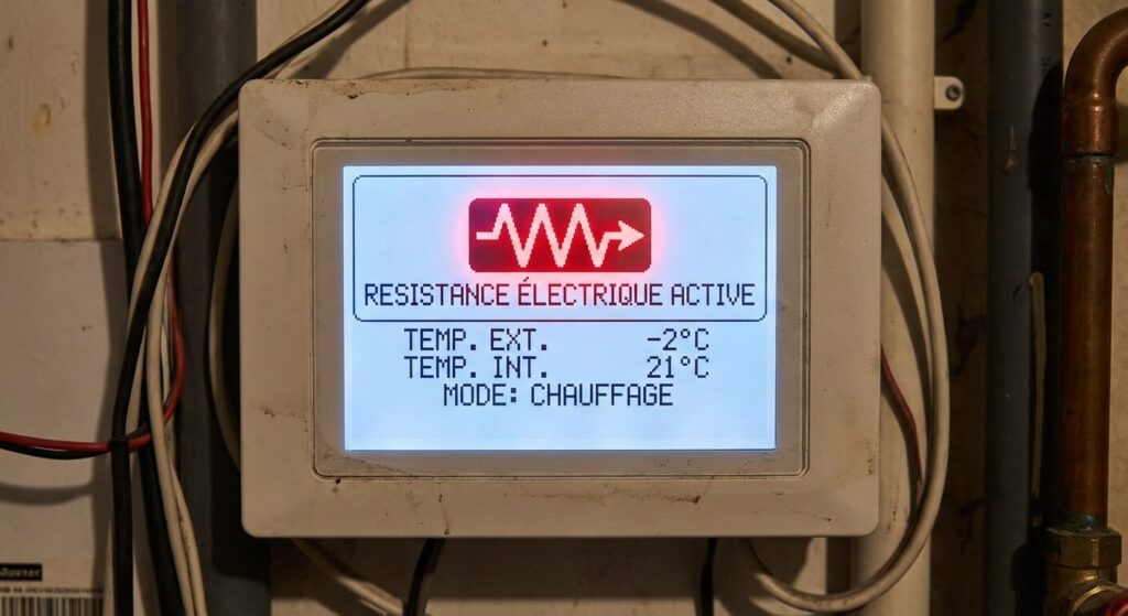 Panneau de contrôle d'une pompe à chaleur montrant le symbole de la résistance électrique active.