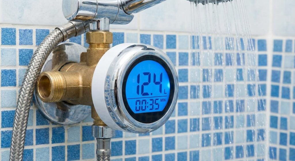 Minuteur de douche digital installé entre le mitigeur et le flexible de douche, affichant la consommation en litres.