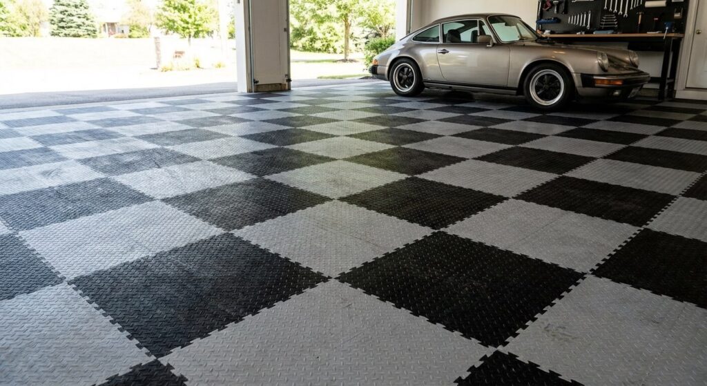 Sol de garage recouvert de dalles PVC clipsables noires et grises en damier.