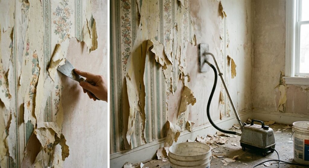 Mur avec des lambeaux de papier peint restants, une spatule et une décolleuse à vapeur.