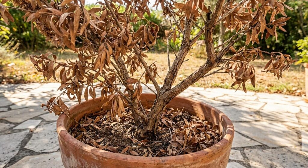 Arbuste Callistemon (Rince-Bouteille) en pot dont le feuillage est devenu marron, sec et cassant.