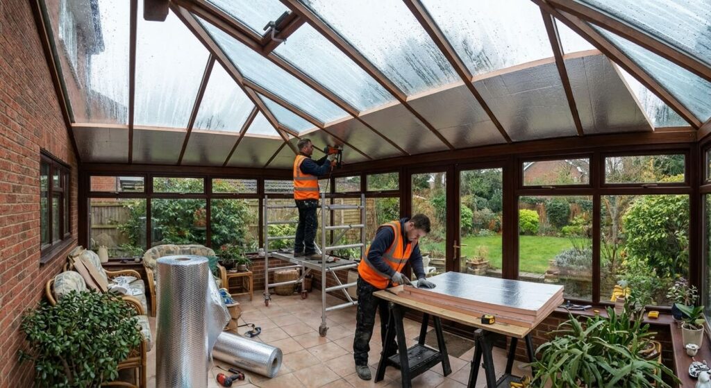 Installation de panneaux isolants opaques sous la toiture d'une véranda ancienne.