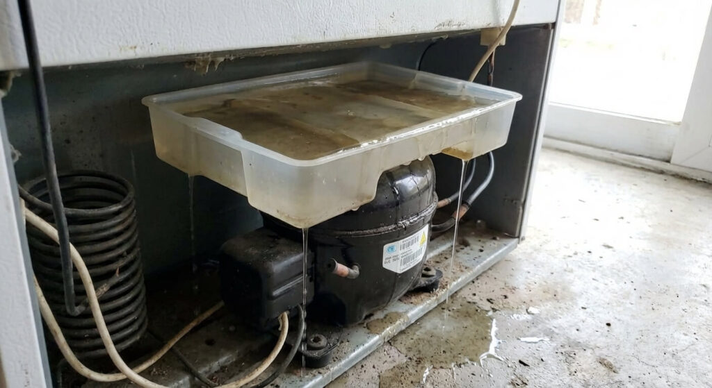 Vue arrière d'un réfrigérateur montrant le bac de récupération d'eau situé sur le compresseur, rempli à ras bord.