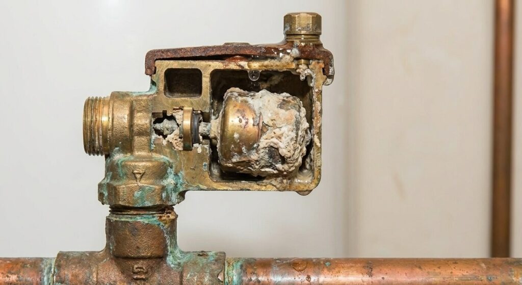 Vue en coupe d'un purgeur automatique de chauffage montrant le flotteur interne entartré responsable des fuites.