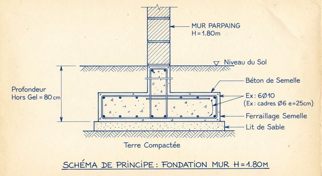 Schéma technique en coupe d'une fondation de mur de 1m80 montrant la profondeur hors gel et le ferraillage de la semelle.