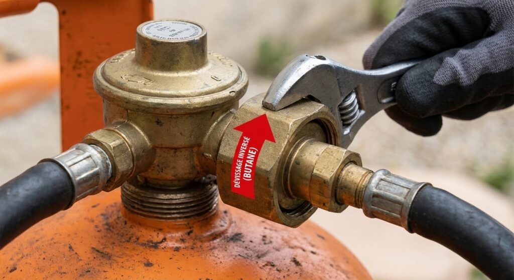 Gros plan sur un détendeur de gaz vissé sur une bouteille de butane, avec une main tenant une clé à molette montrant le sens de dévissage inversé.