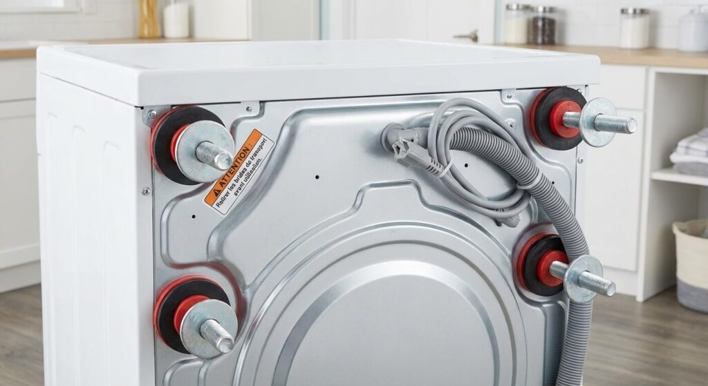 Vue arrière d'un lave-linge neuf montrant les 4 gros boulons de transport (brides) qu'il faut retirer avant utilisation.