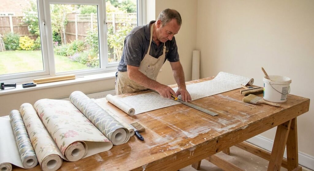 Poseur de papier peint découpant des lés sur une table à tapisser, avec des rouleaux ouverts à côté.