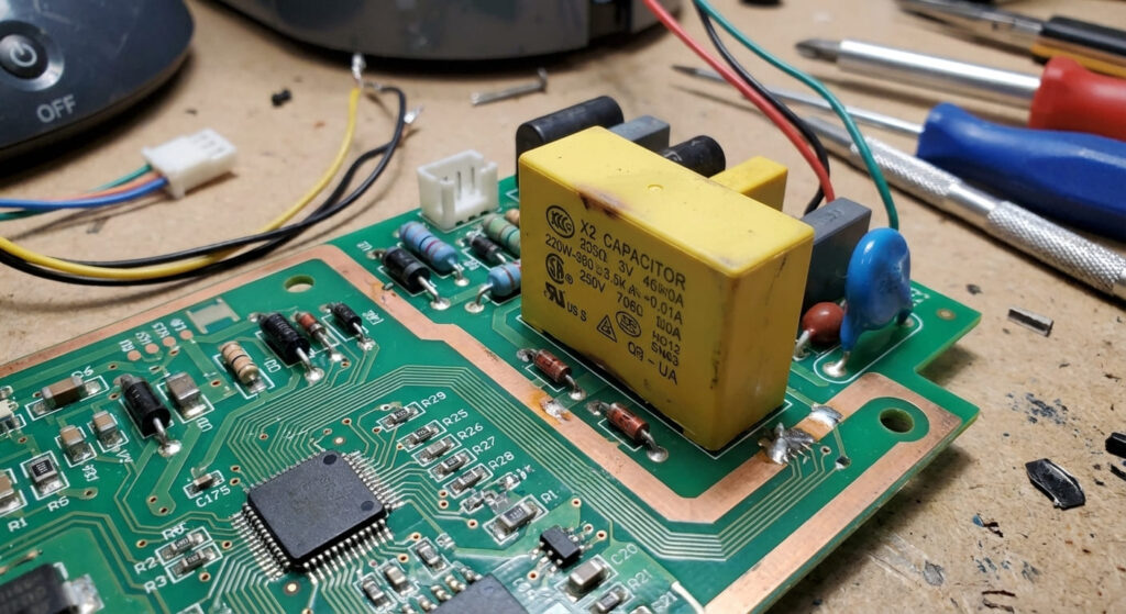 Carte électronique d'une cafetière Senseo démontée, mettant en évidence le condensateur jaune rectangulaire souvent responsable de la panne de chauffe.