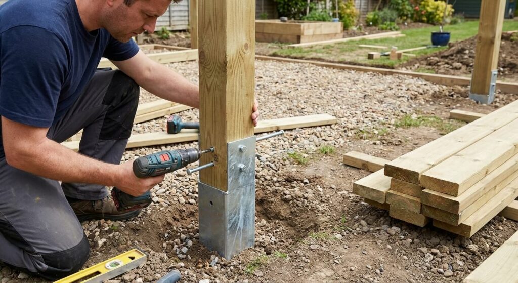 Installation d'un poteau de clôture bois dans une ancre métallique plantée dans le sol