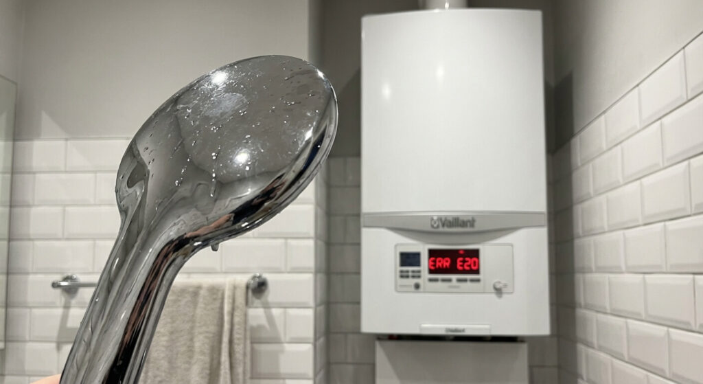 Chaudière gaz murale affichant un code erreur avec un pommeau de douche en premier plan