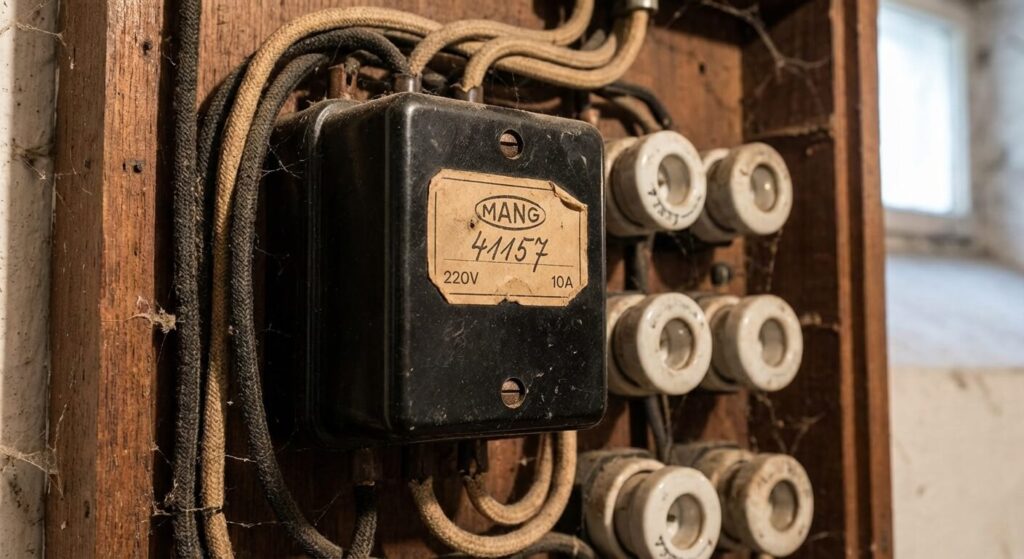Vieux télérupteur noir marque MANG référence 41157 dans un tableau électrique ancien