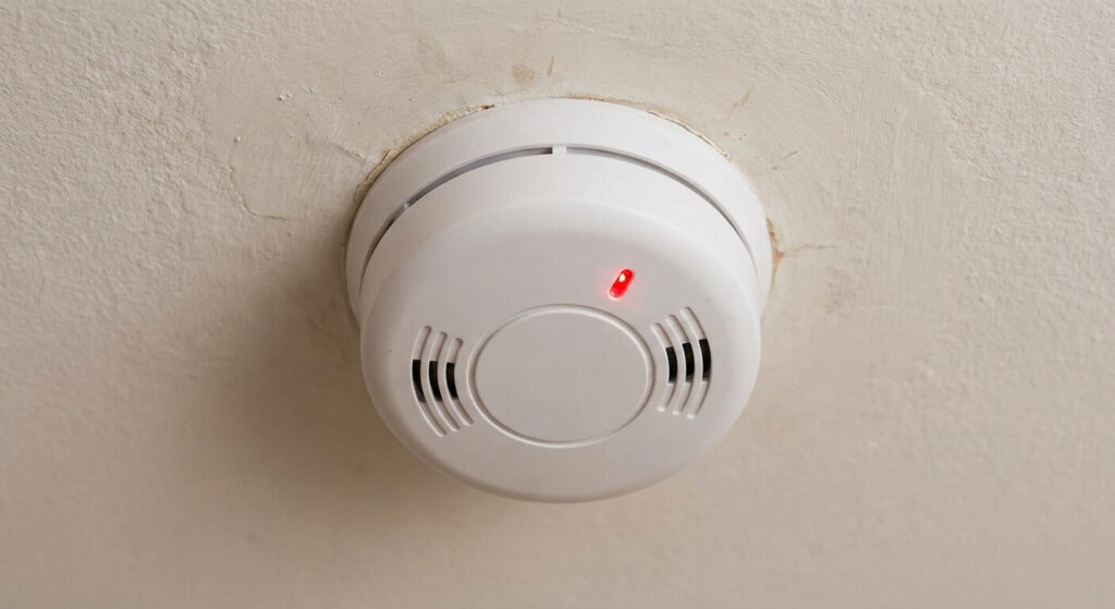 Détecteur de fumée au plafond avec voyant rouge clignotant