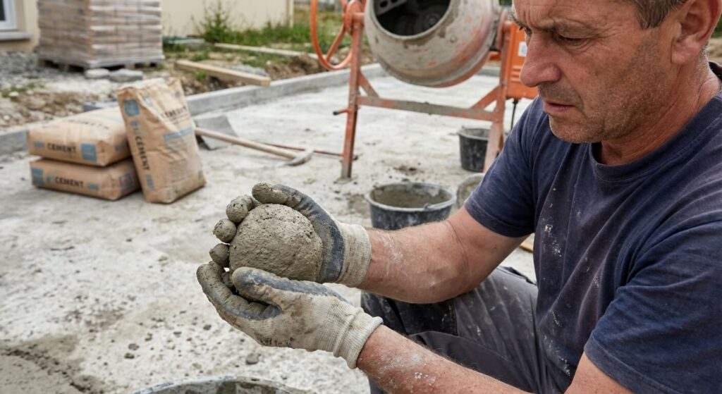 Maçon testant la consistance d'une chape maigre dans sa main (boule de neige)
