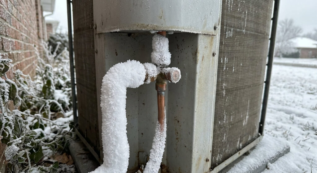 Givre blanc recouvrant le petit tuyau de raccordement en cuivre sur l'unité extérieure d'une climatisation