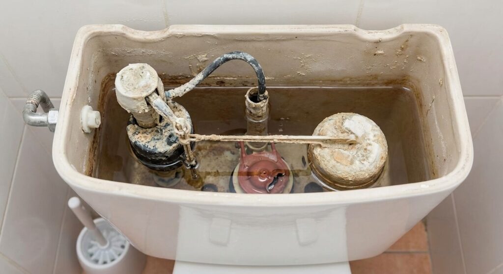 Réservoir de WC ouvert montrant le mécanisme de chasse entartré responsable de la fuite intermittente