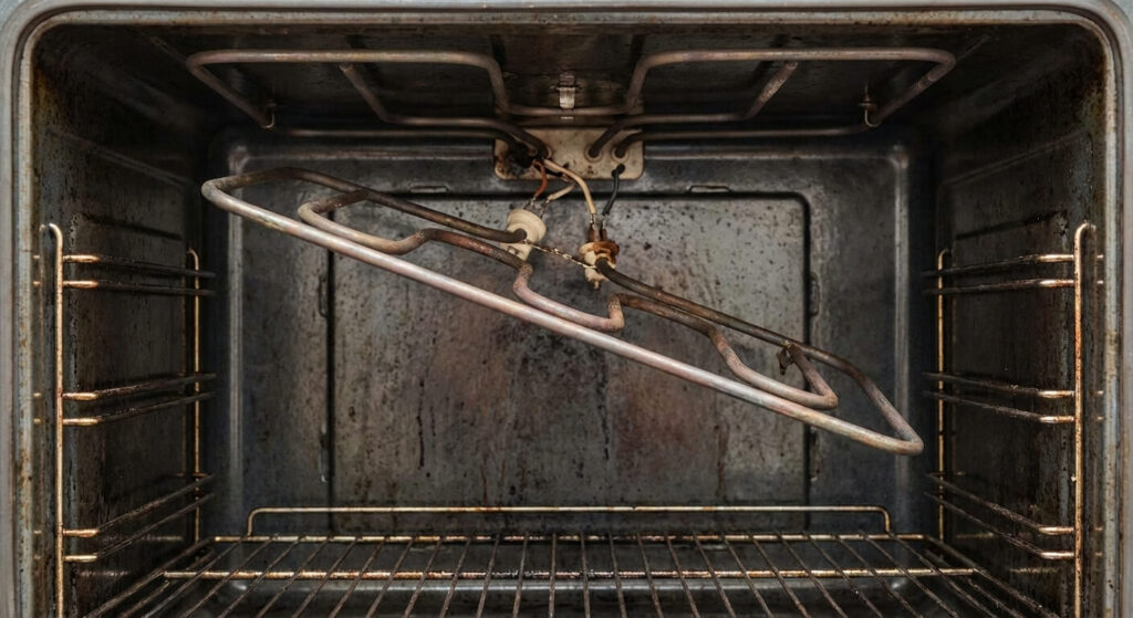 Résistance de voûte (grill) d'un four électrique qui pendouille, détachée du plafond