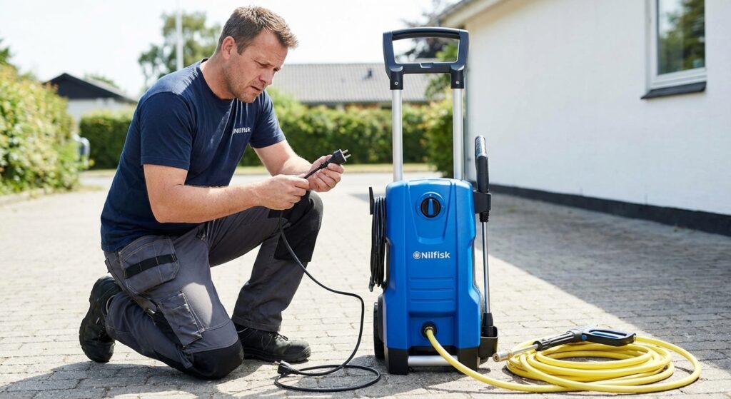 Nettoyeur haute pression Nilfisk à l'arrêt avec l'utilisateur vérifiant le câble électrique