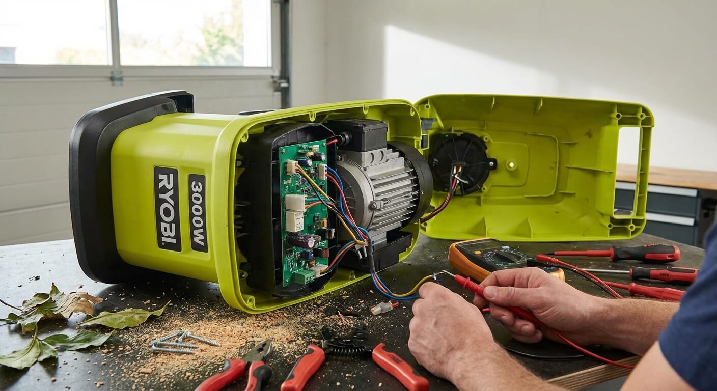 Broyeur de végétaux Ryobi 3000W ouvert pour dépannage électrique