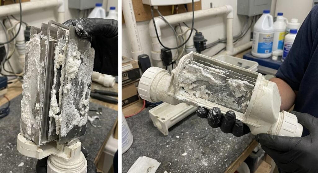 Cellule d'électrolyseur au sel avec plaques de titane recouvertes de calcaire blanc