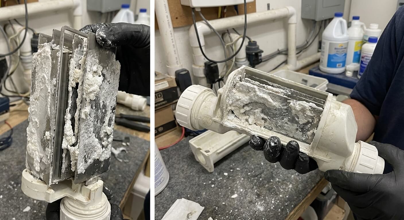 Cellule d'électrolyseur au sel avec plaques de titane recouvertes de calcaire blanc