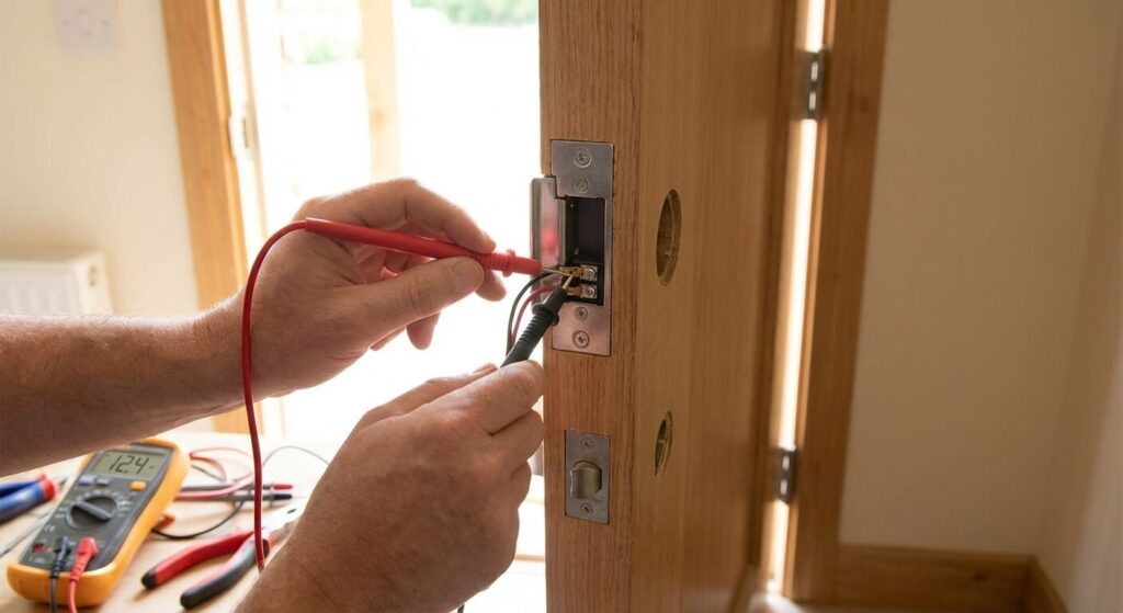 Utilisation d'un multimètre pour tester la tension aux bornes d'une gâche électrique de porte