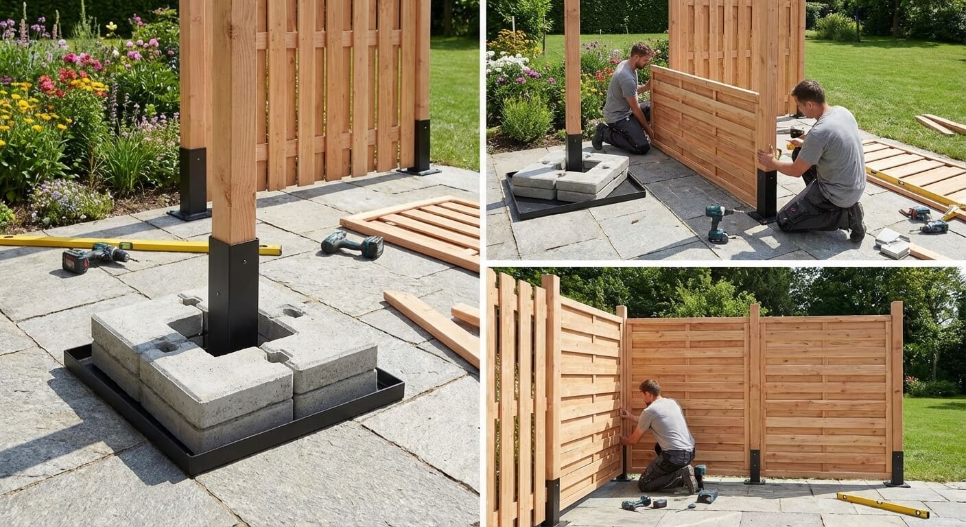 Installation d'une clôture en bois sur platines lestées posées sur une terrasse sans perçage