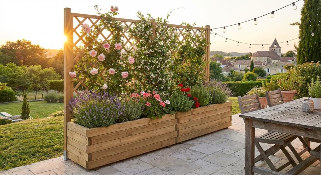 Clôture sans percer ni enterrer : Les solutions pour locataires et terrasses 3 Jardinière avec treillis pour créer une clotûre sur une terrasse