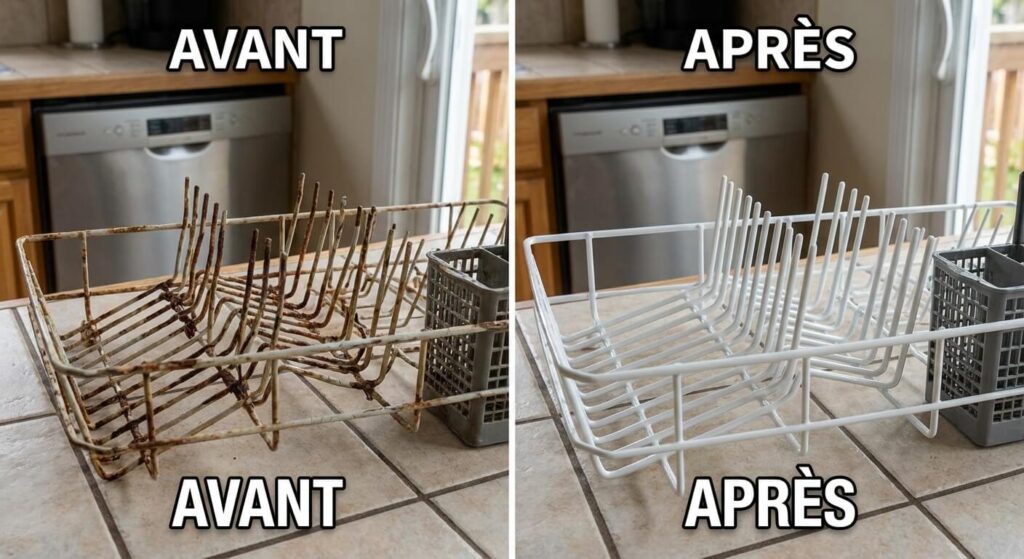 Comparaison entre un panier de lave-vaisselle avec des tiges rouillées et un panier réparé avec de la résine blanche